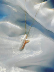 “Divine Whisper” –Cross Pearl Pendant on 14K Gold-Plated Silver Chain