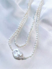 Seraphic Gleam– Silver Double-Layer Pearl Necklace with Baroque Centerpiece