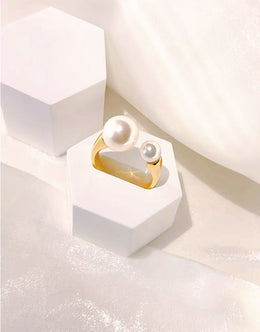 Double Pearl Open Ring – 18K Gold Plated Sterling Silver with Swarovski Crystal Pearls