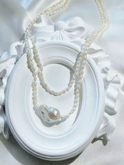 Seraphic Gleam– Silver Double-Layer Pearl Necklace with Baroque Centerpiece