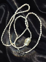 Seraphic Gleam– Silver Double-Layer Pearl Necklace with Baroque Centerpiece