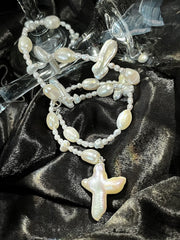 Ivory Hymn– Silver Pearl Necklace with Cross Baroque Pendant
